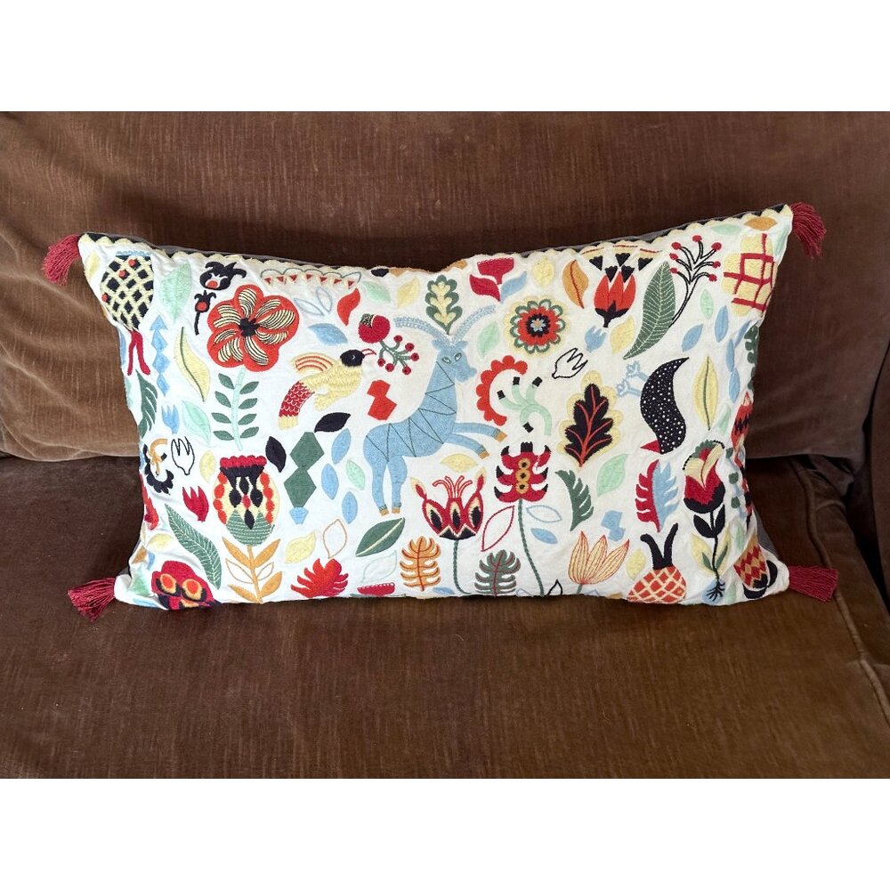Ikea Rodarv Folk Art  Pillow Swedish Tassels Embroidered Accent Pillow 24" x 14"